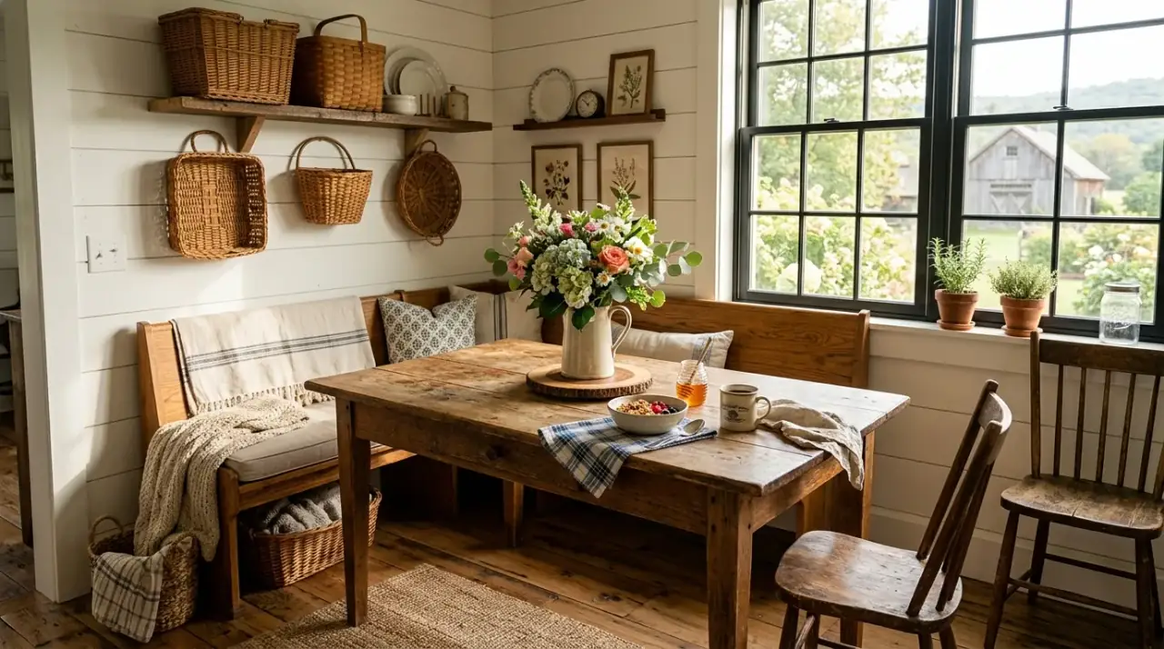 Wallpapered kitchen nook. Patterned walls making a breakfast corner feel more intimate and special.