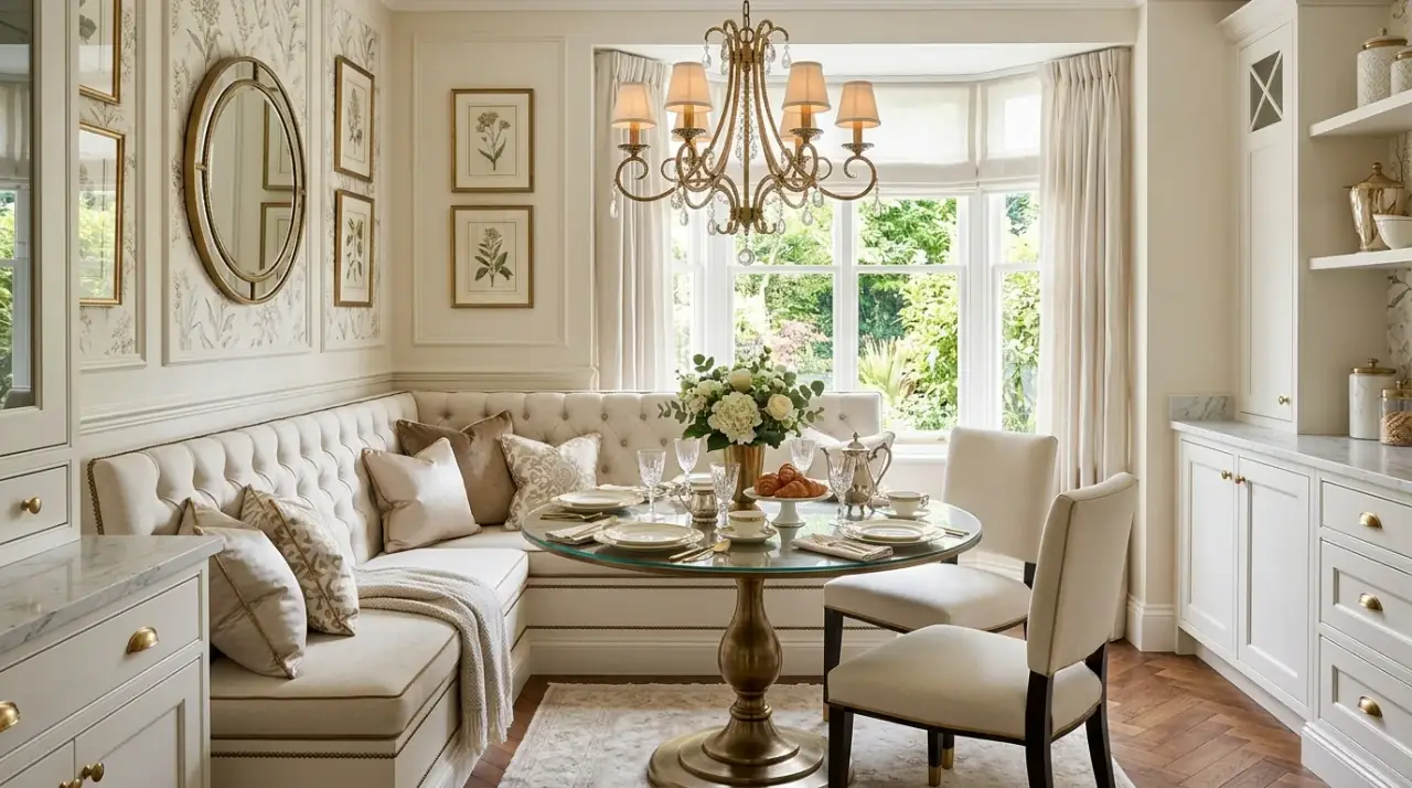 Pendant light over kitchen nook. Focused lighting defining a charming breakfast area inside the kitchen.