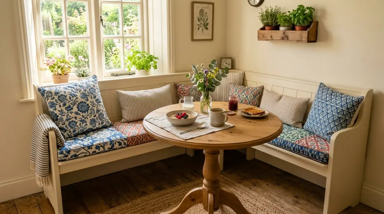 Storage bench kitchen nook. Useful hidden storage built into a cozy breakfast bench.