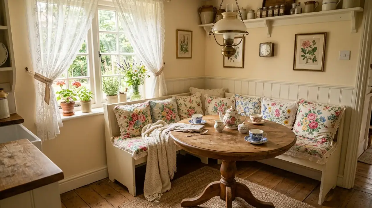 Mixed seating in kitchen nook. Bench and chairs creating a softer more relaxed breakfast corner.