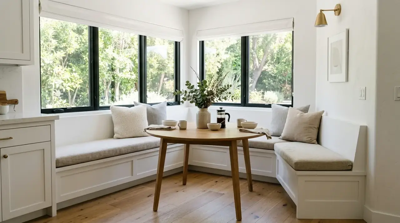 Soft-colored kitchen nook. Gentle colors creating a calm charming breakfast spot.