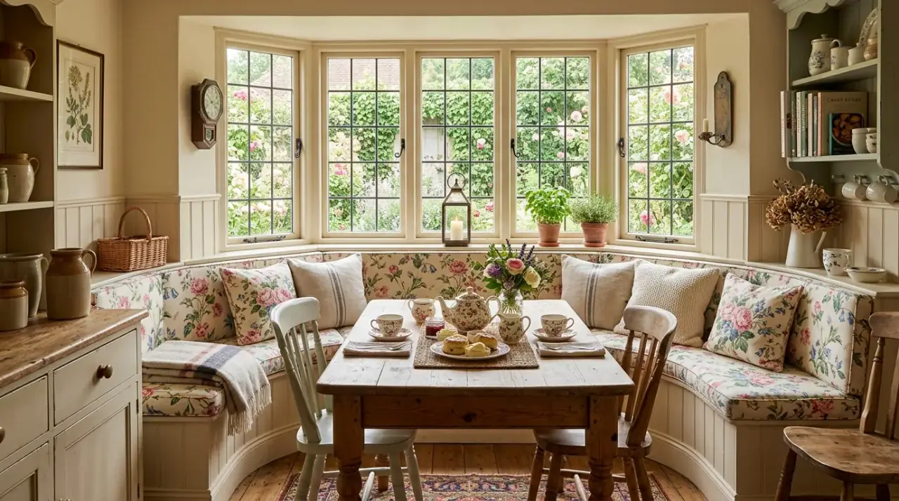 Styled kitchen nook. Art and shelves adding personality to a cozy breakfast corner.