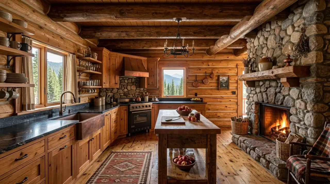 Cozy log cabin kitchen with rustic mountain retreat character and warm natural materials.