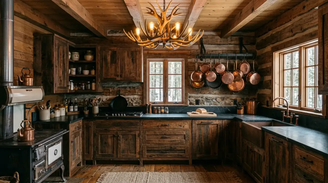 Stone in log cabin kitchen. Cozy mountain kitchen using stone and wood for rustic warmth.