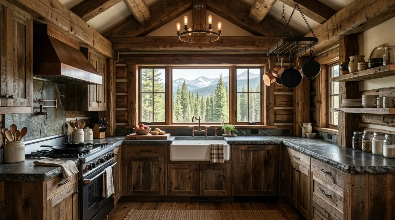 Warm lighting cabin kitchen. Rustic mountain kitchen lit with warm layered lighting.