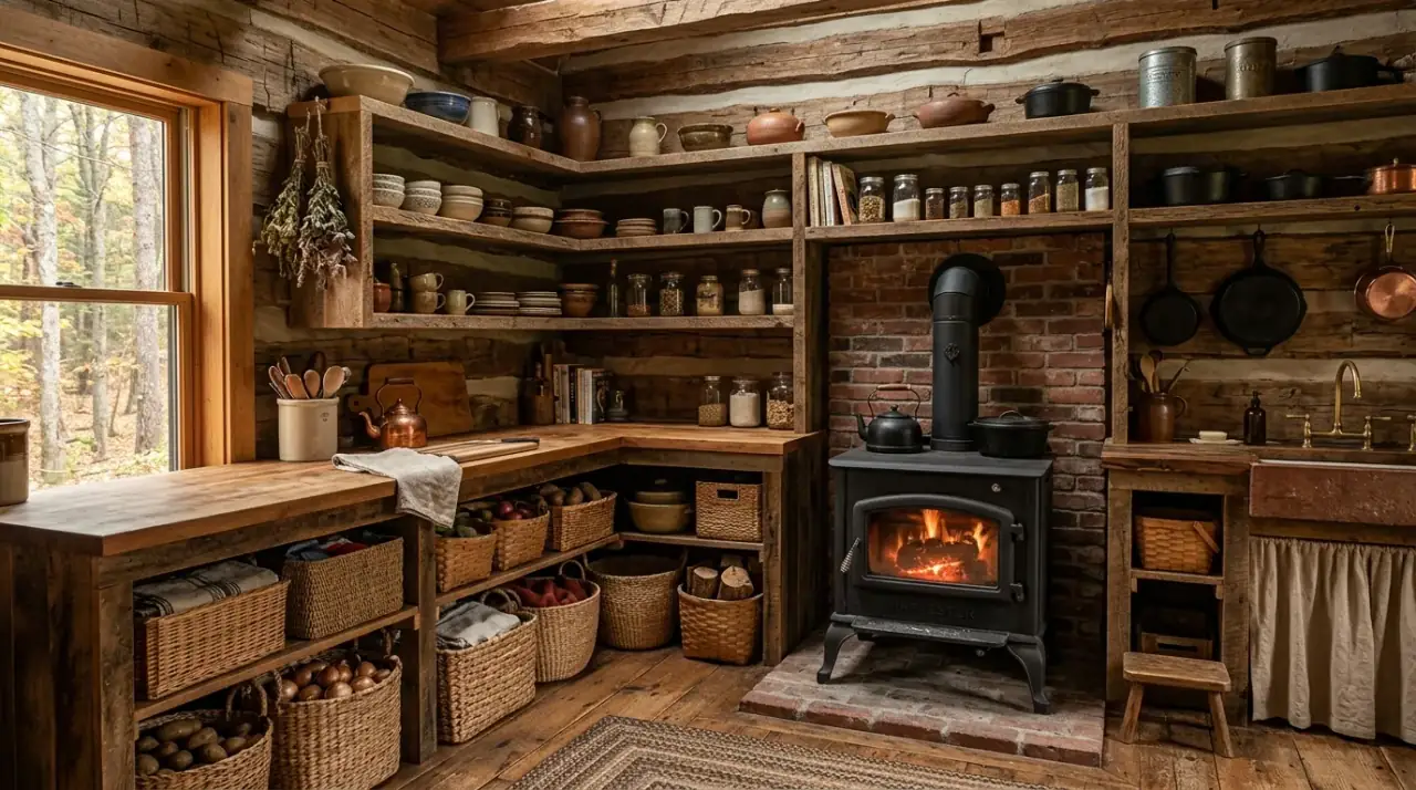Cabin kitchen countertop ideas. Cozy log cabin kitchen with practical rustic countertop materials.