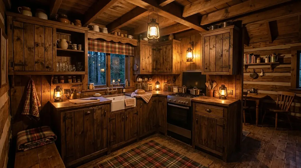 Cabin kitchen textiles. Rustic mountain kitchen layered with plaid wool and leather accents.