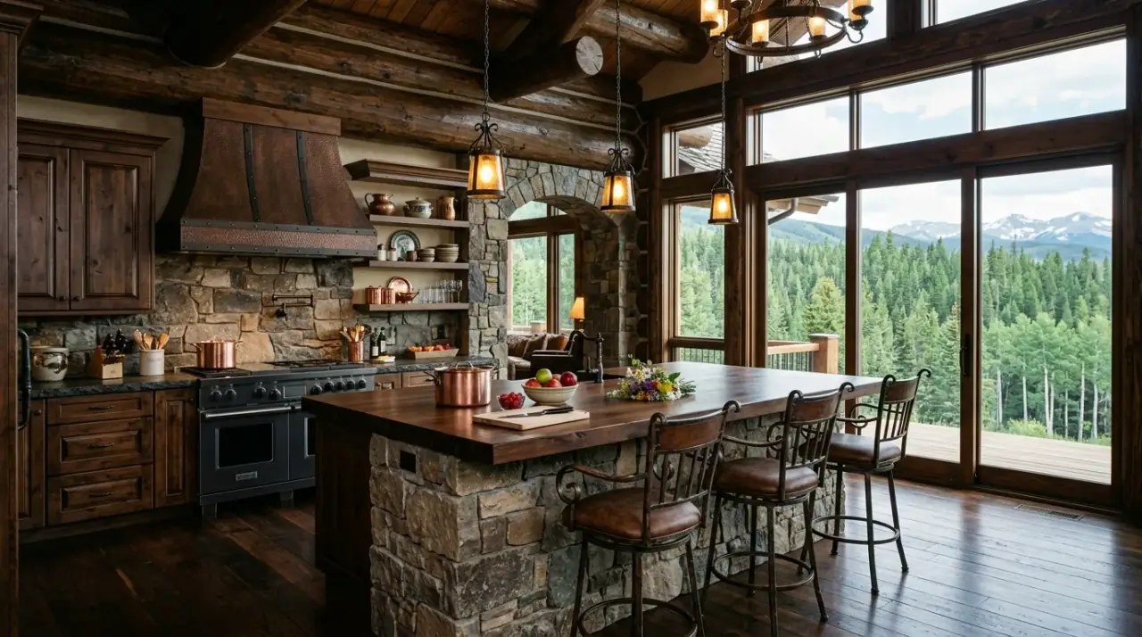 Open shelves in cabin kitchen. Log cabin kitchen shelves displaying rustic pottery and useful tools.