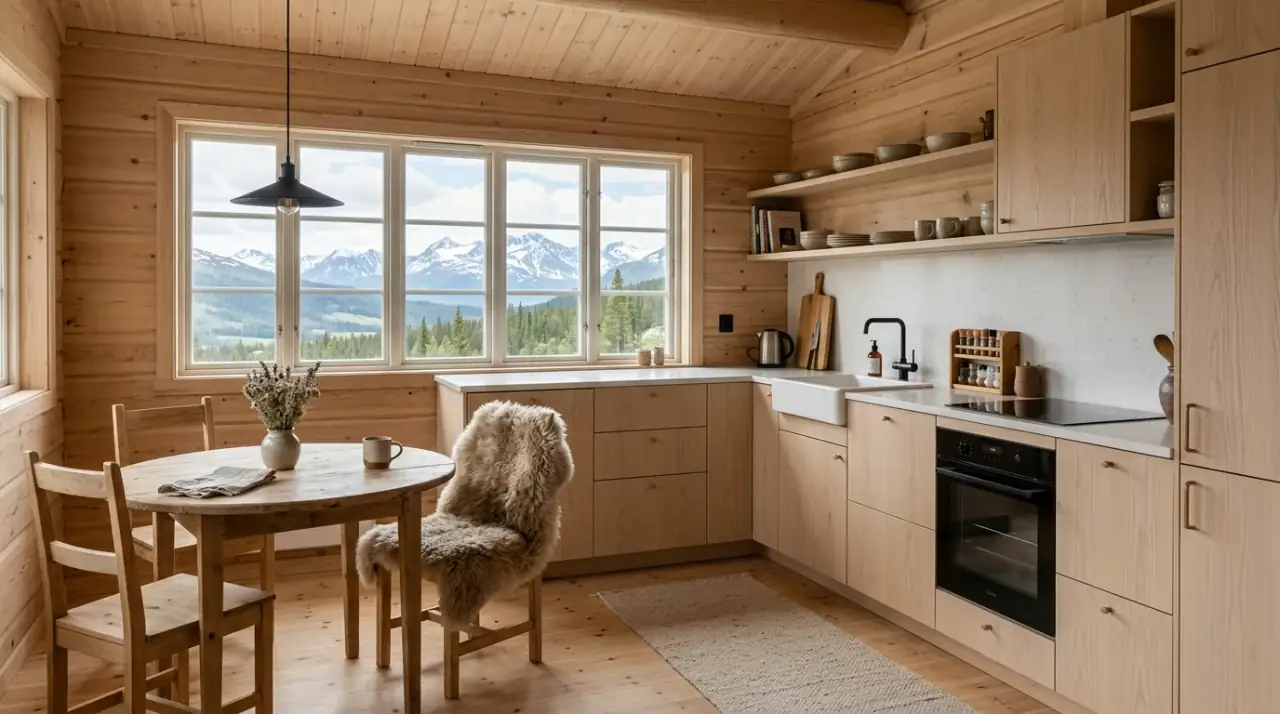 Painted cabinets in log cabin kitchen. Rustic mountain kitchen balancing wood with painted cabinetry.