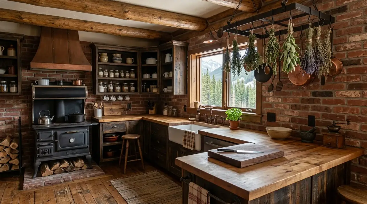 Cabin kitchen table or island. Cozy log cabin kitchen centered around a sturdy gathering table or island.