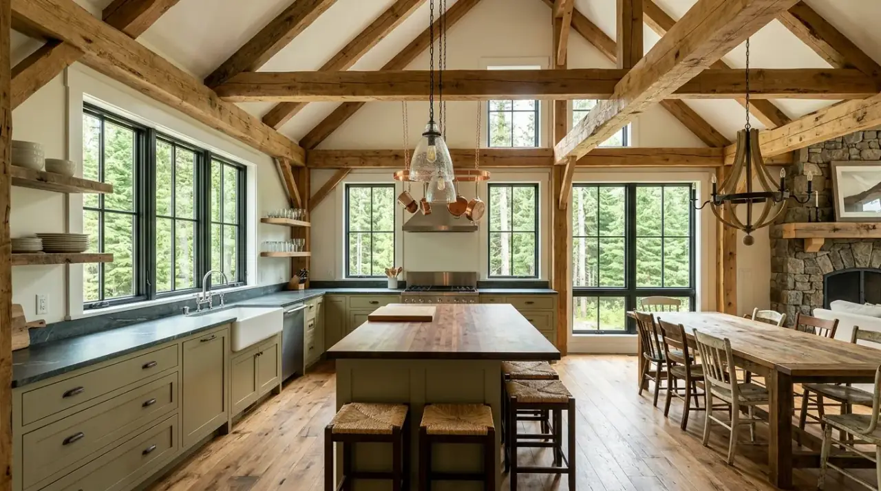 Mountain view cabin kitchen. Rustic cabin kitchen oriented toward natural mountain views.