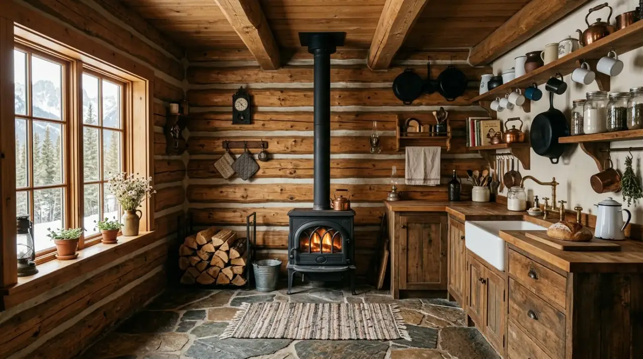 Iron details cabin kitchen. Cozy log cabin kitchen with black iron rustic hardware and accents.