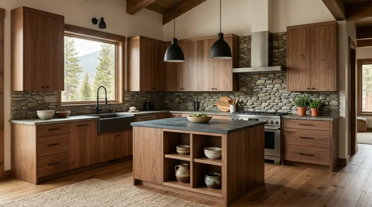 Handmade decor in cabin kitchen. Rustic mountain kitchen styled with handmade and timeworn accessories.
