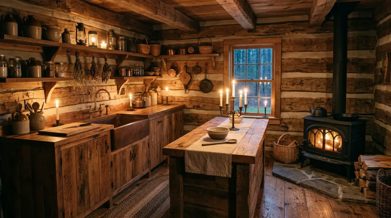 Neutral touches in cabin kitchen. Cozy log cabin kitchen lightened by cream and warm neutral accents.