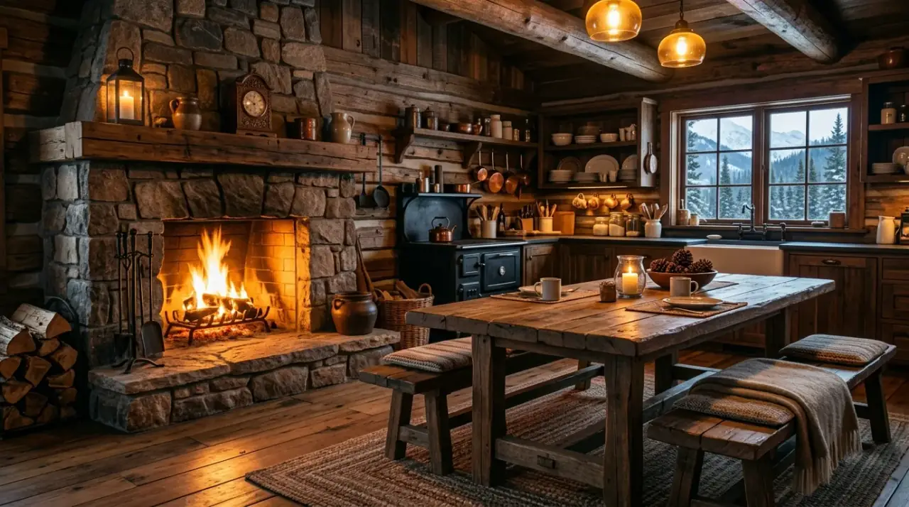 Log cabin kitchen overview. Cozy rustic mountain retreat kitchen full of warmth and natural character.