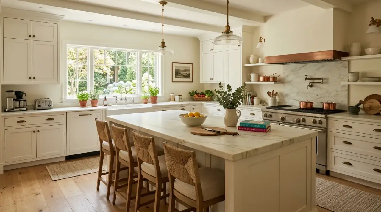 Cozy Nancy Meyers kitchen inspiration creating a timeless classic look with layered warmth.