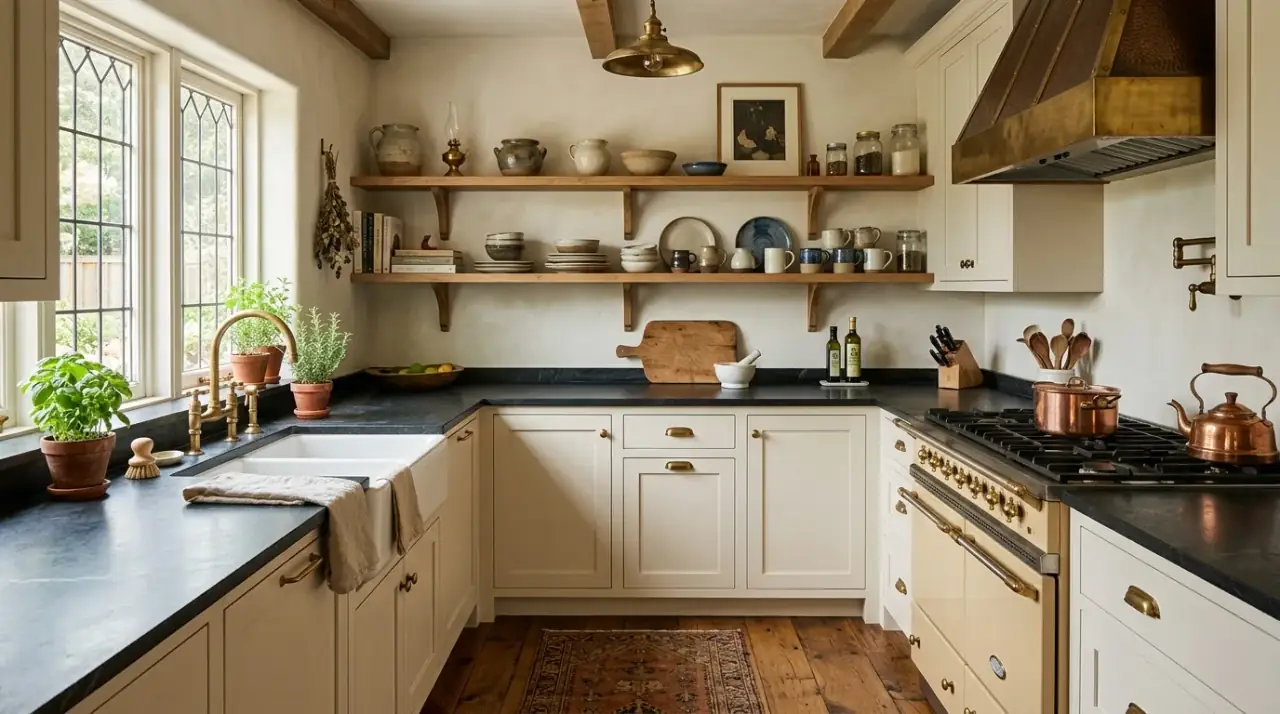 Nancy Meyers kitchen island. Cozy classic kitchen centered around a generous island.