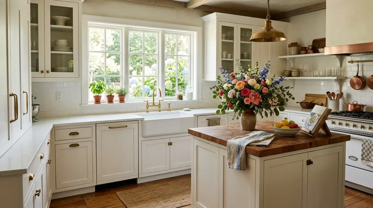 Wood in Nancy Meyers kitchen. Timeless classic kitchen inspiration with warm wood flooring and furniture.