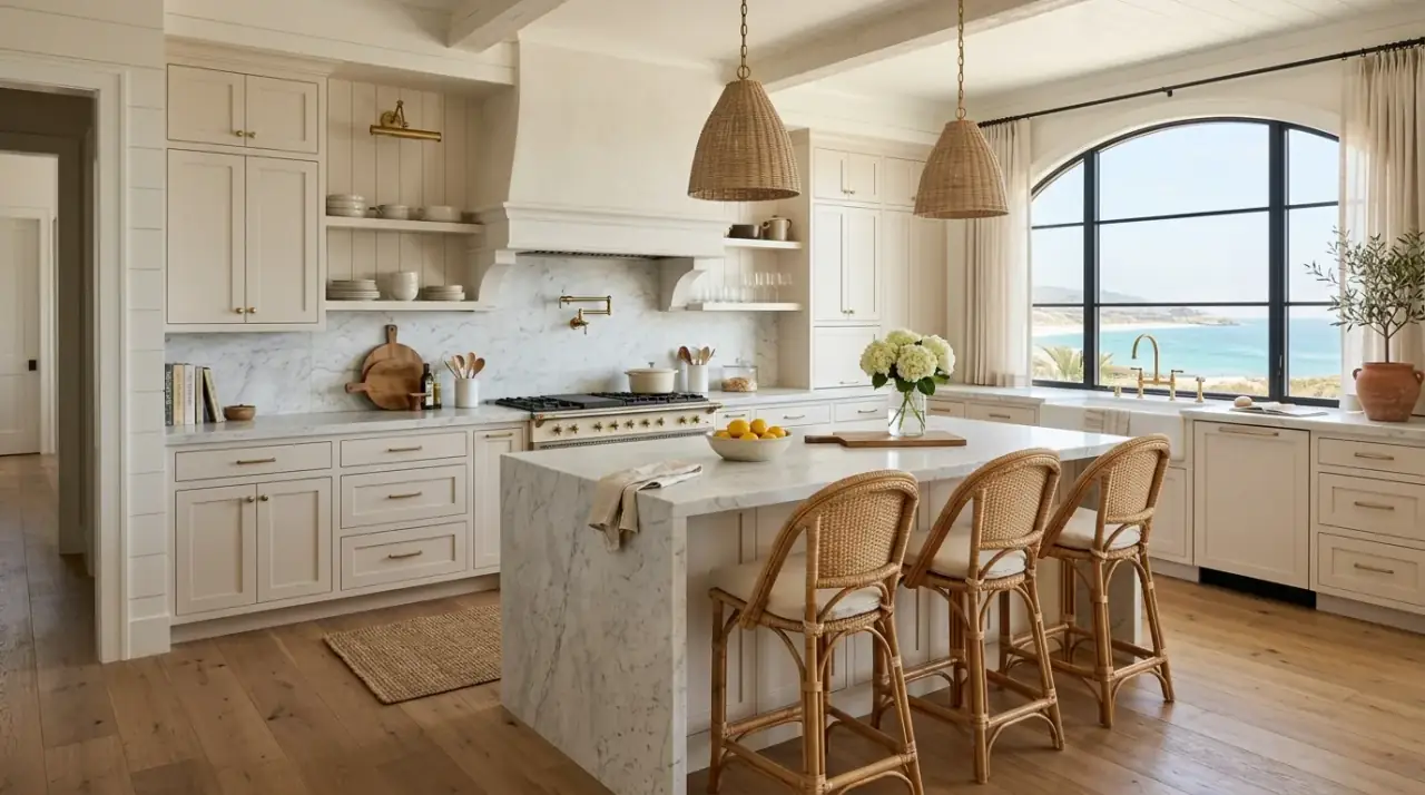 Open shelves Nancy Meyers kitchen. Cozy classic kitchen with open shelves and practical beautiful objects.