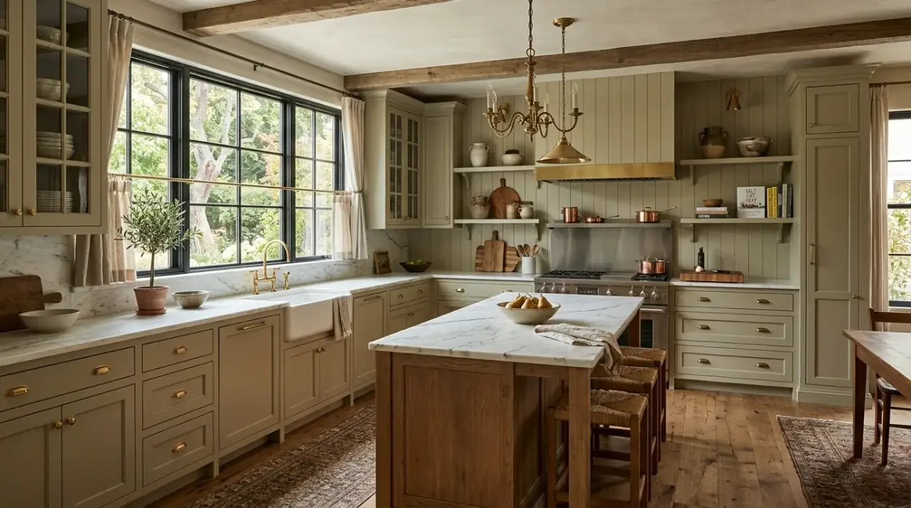 Marble Nancy Meyers kitchen. Timeless kitchen inspiration using marble surfaces and soft classic luxury.