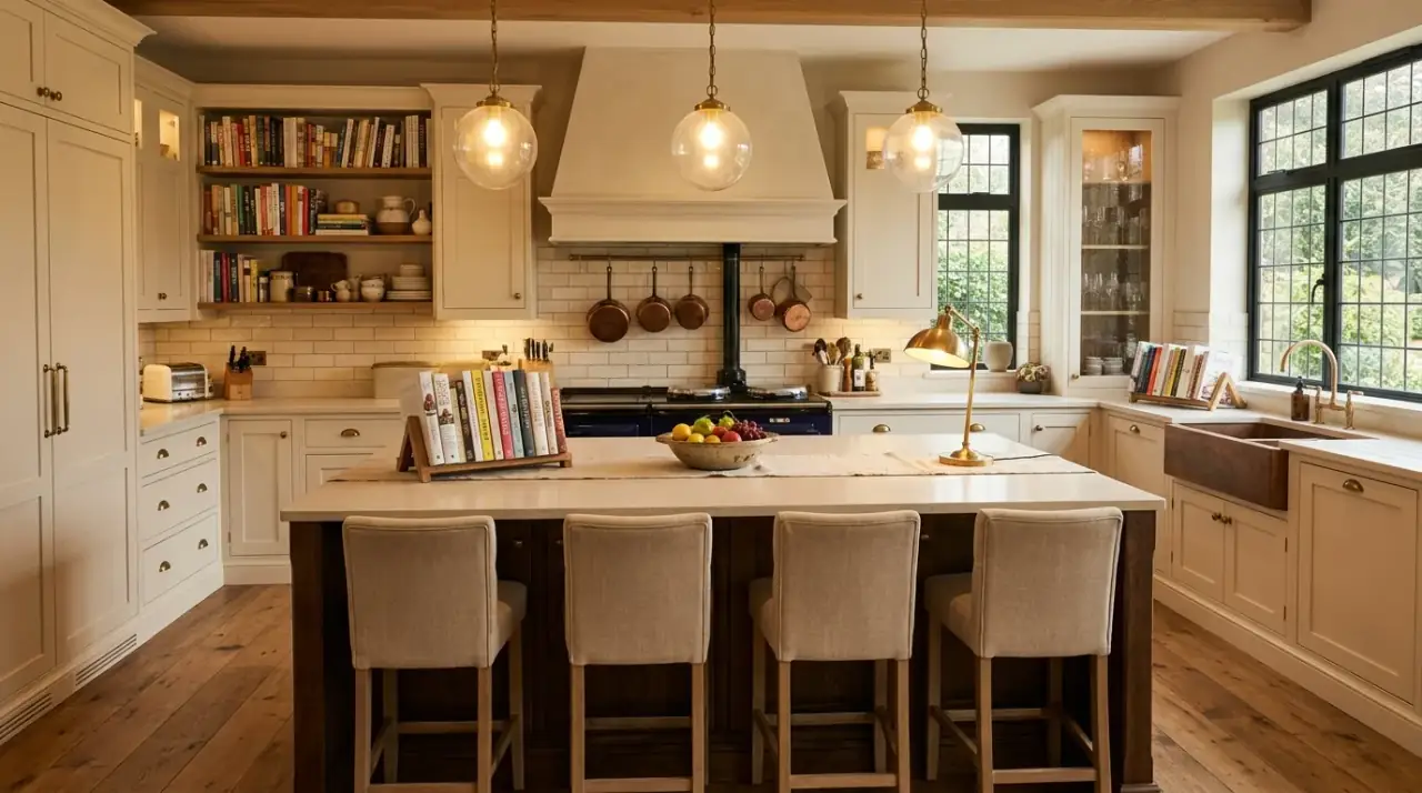 Brass in cozy classic kitchen. Nancy Meyers inspired kitchen with warm brass and aged metal accents.