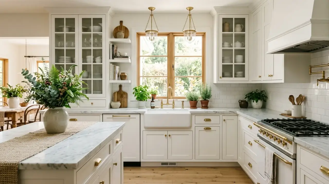 Seating in Nancy Meyers kitchen. Cozy kitchen inspiration with seating designed for comfort and conversation.