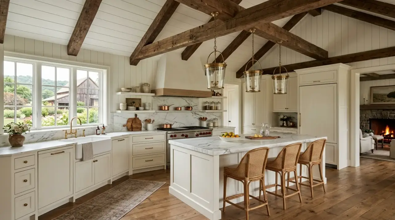 Flowers and fruit in classic kitchen. Timeless cozy kitchen styled with flowers and fruit.