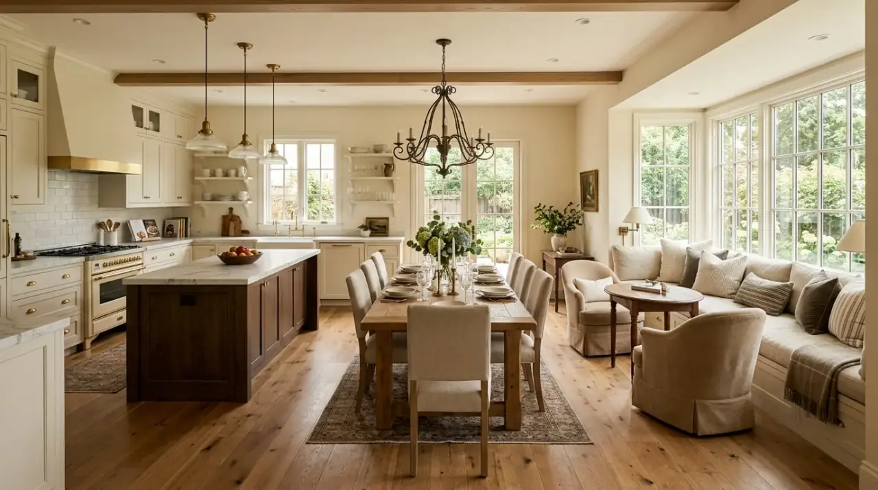 Warm lighting classic kitchen. Cozy classic kitchen inspiration with golden layered lighting.