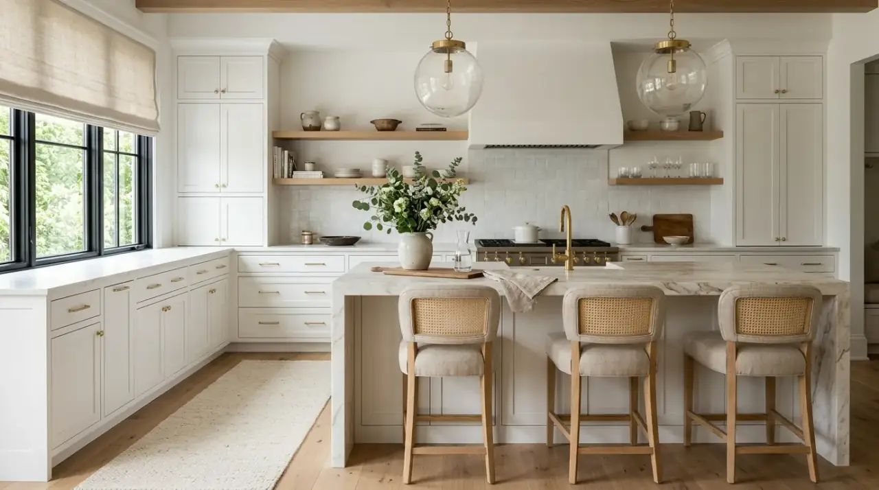 Storage in Nancy Meyers kitchen. Timeless classic kitchen with thoughtful generous storage.