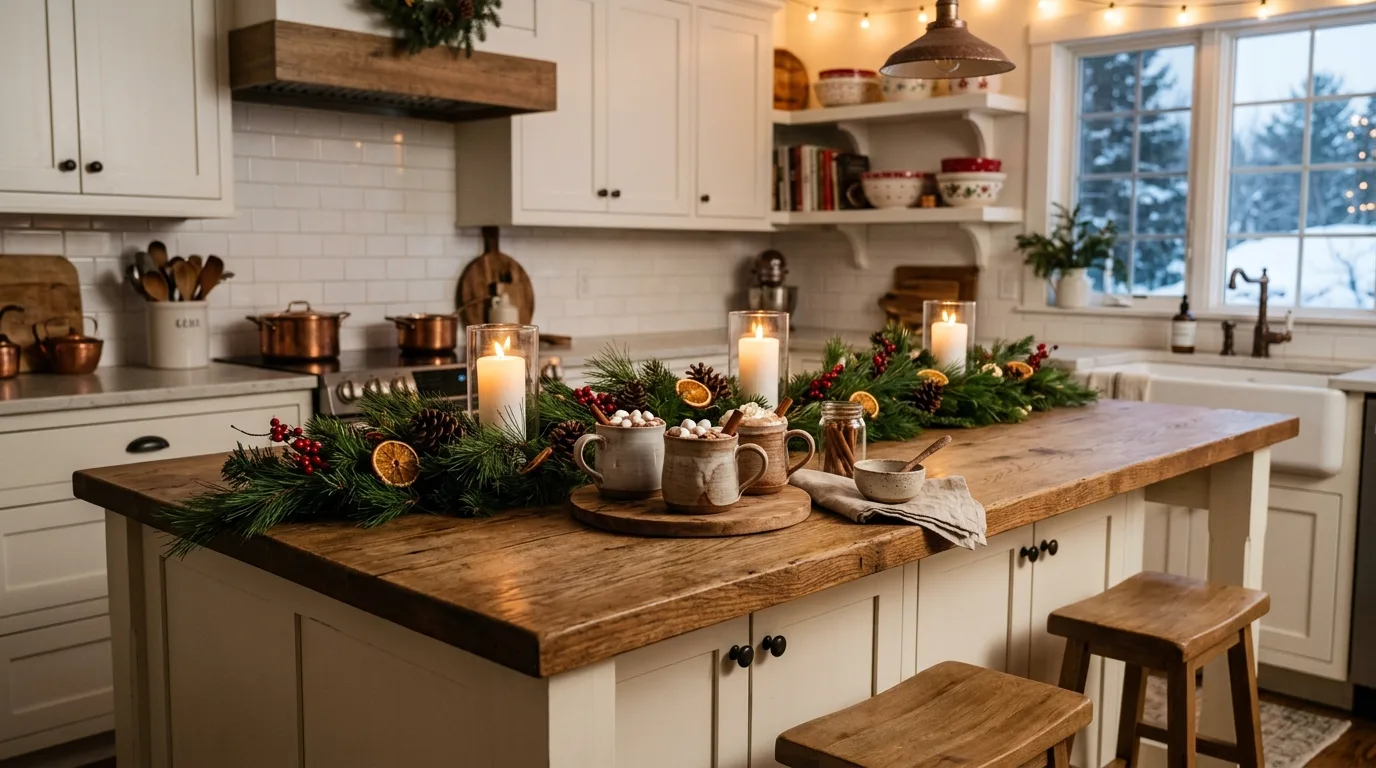Cozy winter kitchen island decor with evergreens, candles, wood accents, and a warm seasonal atmosphere.