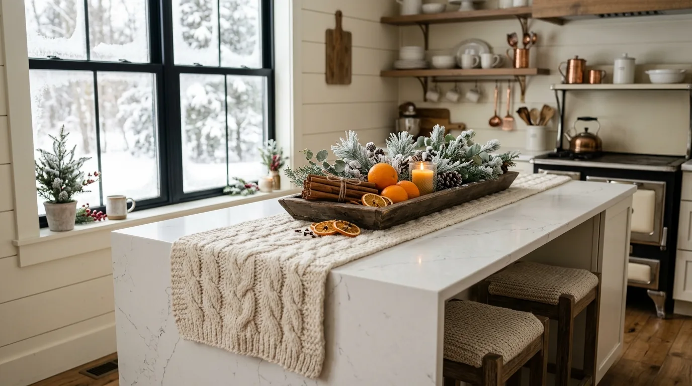 Neutral candles on a winter kitchen island. Frosted branches, soft tray styling, and a calm seasonal palette.
