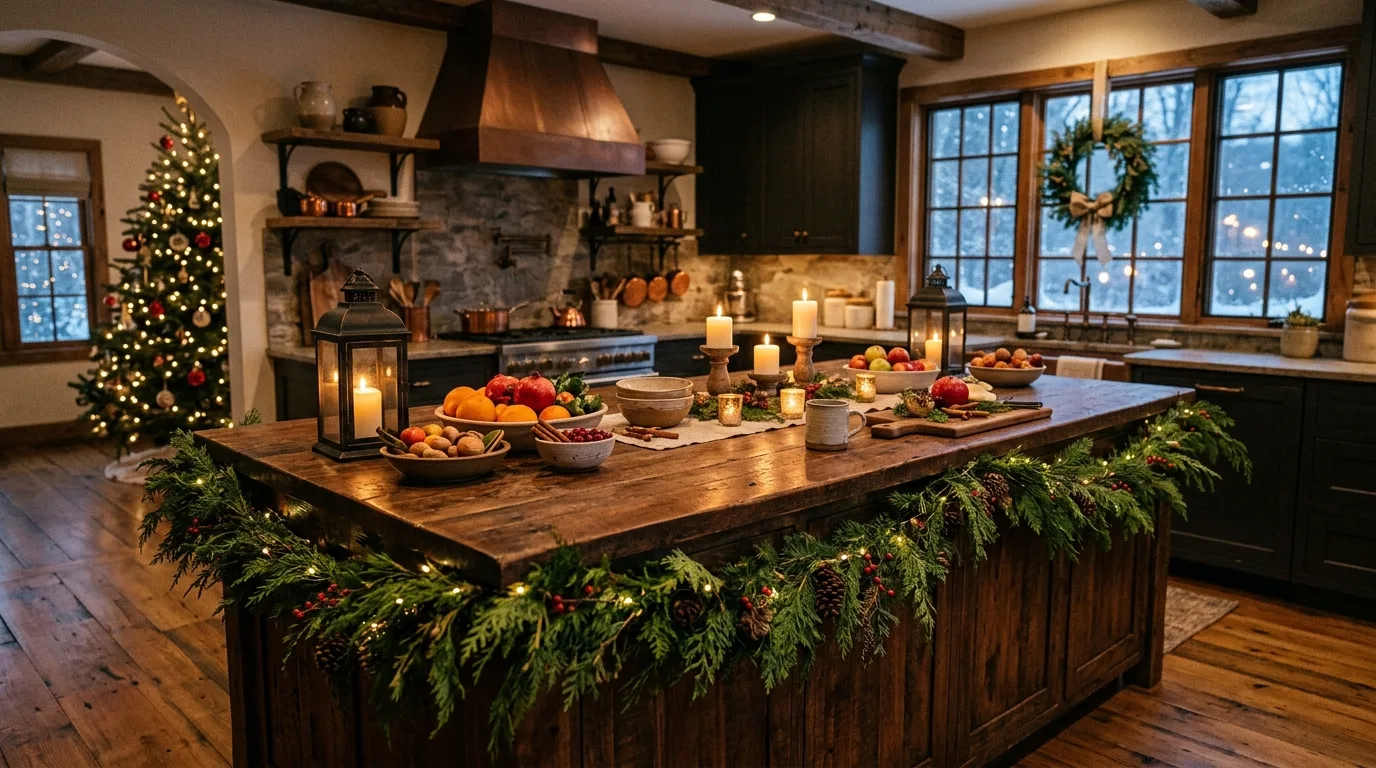 Winter island decor with wooden bowl and citrus. Cedar branches, seasonal fruit, and a natural cozy arrangement.