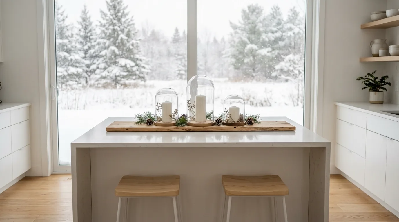 Mini wreath and taper candles on a kitchen island. Compact winter styling with soft seasonal detail.