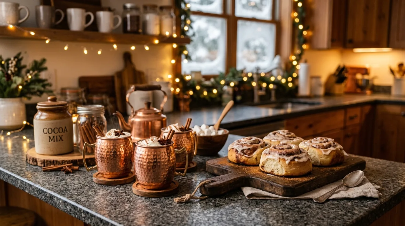 Winter hot cocoa station on a kitchen island. Rustic tray, mugs, and cozy seasonal kitchen styling.