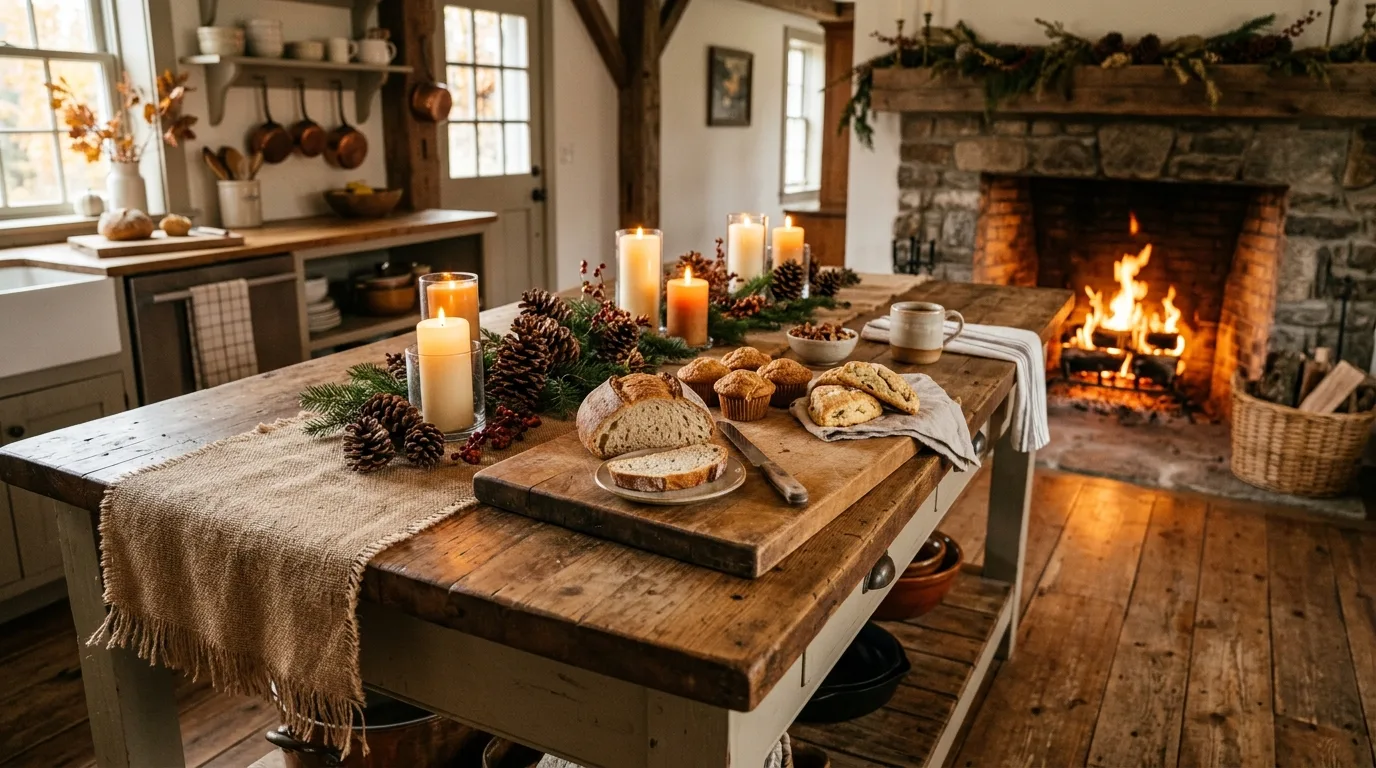 Glass cloche winter decor on kitchen island. Seasonal greens, pinecones, and a refined centerpiece look.