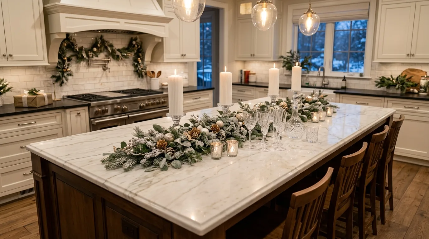 Winter kitchen island with knit textures and white ceramics. Neutral decor, pale wood, and a soft seasonal atmosphere.
