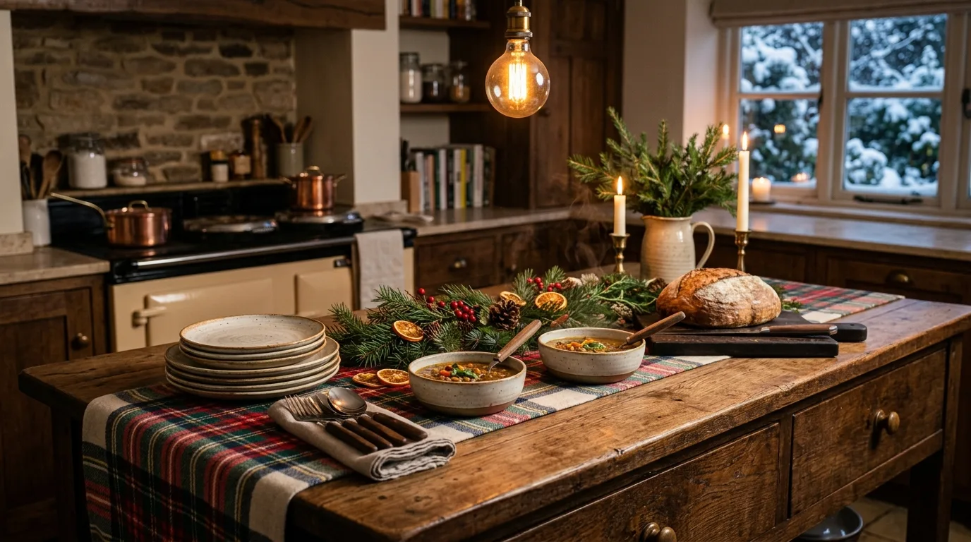 Berry branches in a vase on winter kitchen island. Stoneware vessel and understated seasonal color.