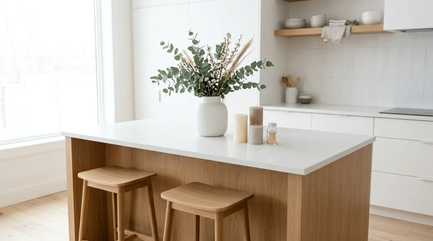 Cutting boards and brass candles on kitchen island. Layered winter styling with wood and metallic warmth.