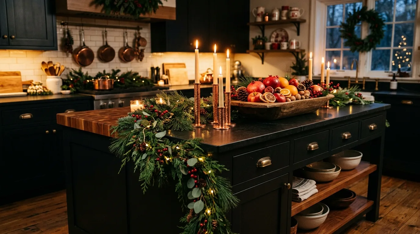 White winter florals on kitchen island. Pale wood, soft linen, and bright seasonal styling.