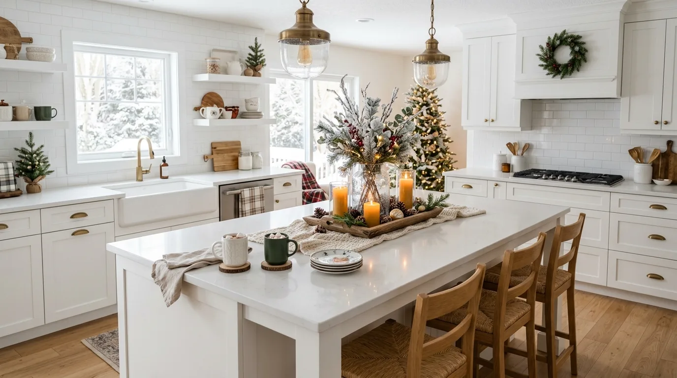 Greenery runner and candles on winter kitchen island. Long seasonal arrangement with cozy evening glow.