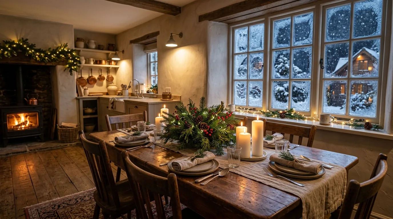 Cozy winter kitchen table decor arranged for warm seasonal dining.