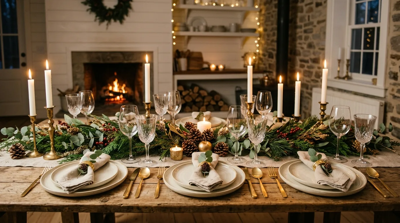 Winter kitchen table with candles. Seasonal dining setup enhanced by warm candlelight.