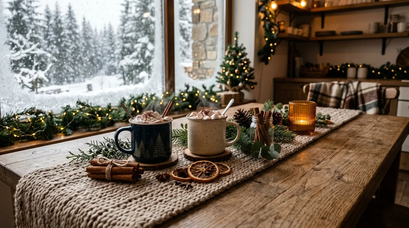 Winter table centerpiece with evergreen. Natural greenery adding seasonal texture to kitchen dining decor.