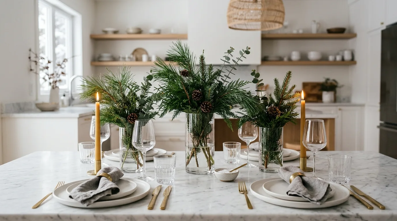 Winter kitchen table decor with wood accents. Rustic natural pieces adding warmth to seasonal dining.