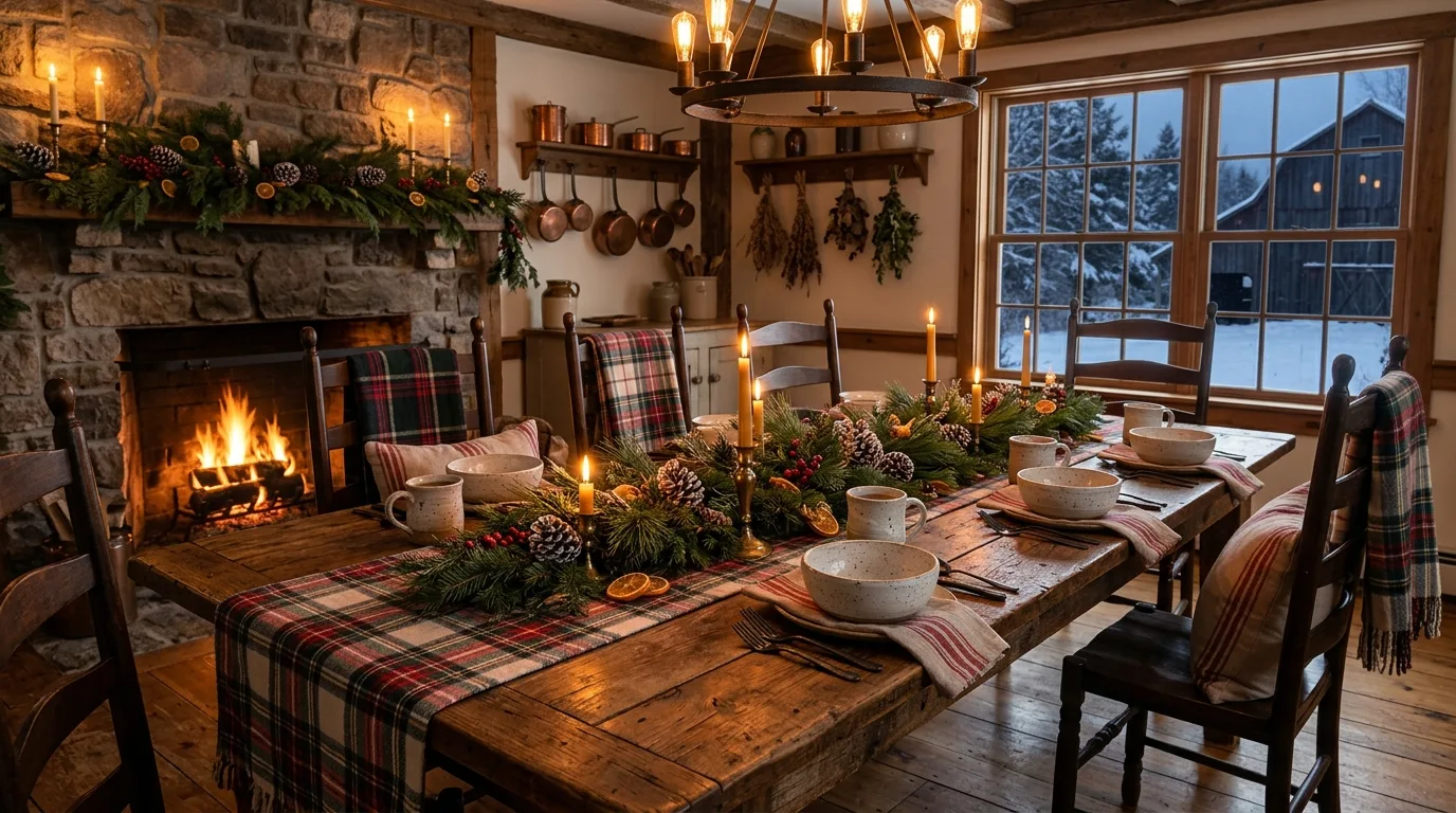 Cream dinnerware on winter kitchen table. Soft-toned place settings creating a warmer seasonal table.