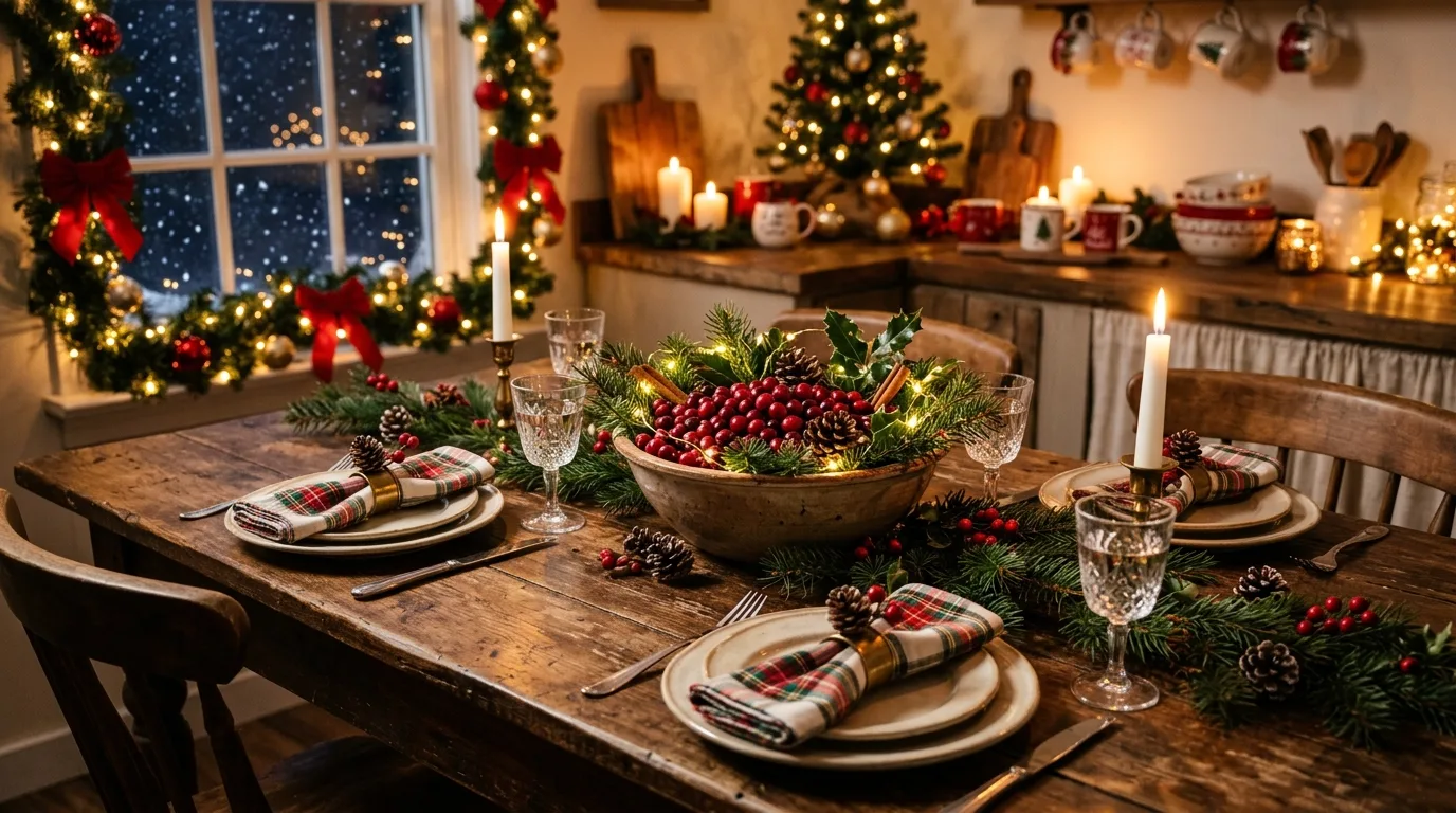 Low winter centerpiece for kitchen table. Functional seasonal decor keeping the dining surface easy to use.