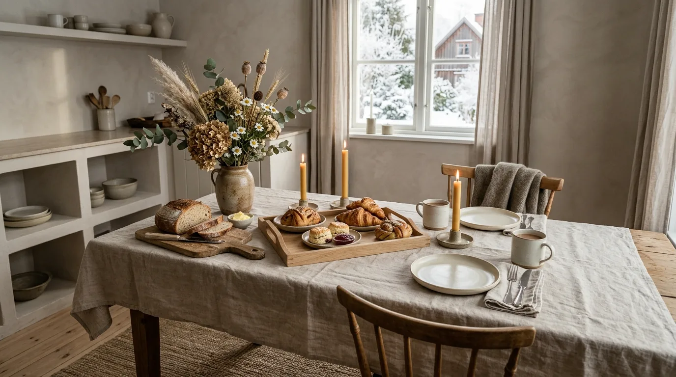 Plaid and woven winter table decor. Cozy textiles adding subtle seasonal texture to kitchen dining.