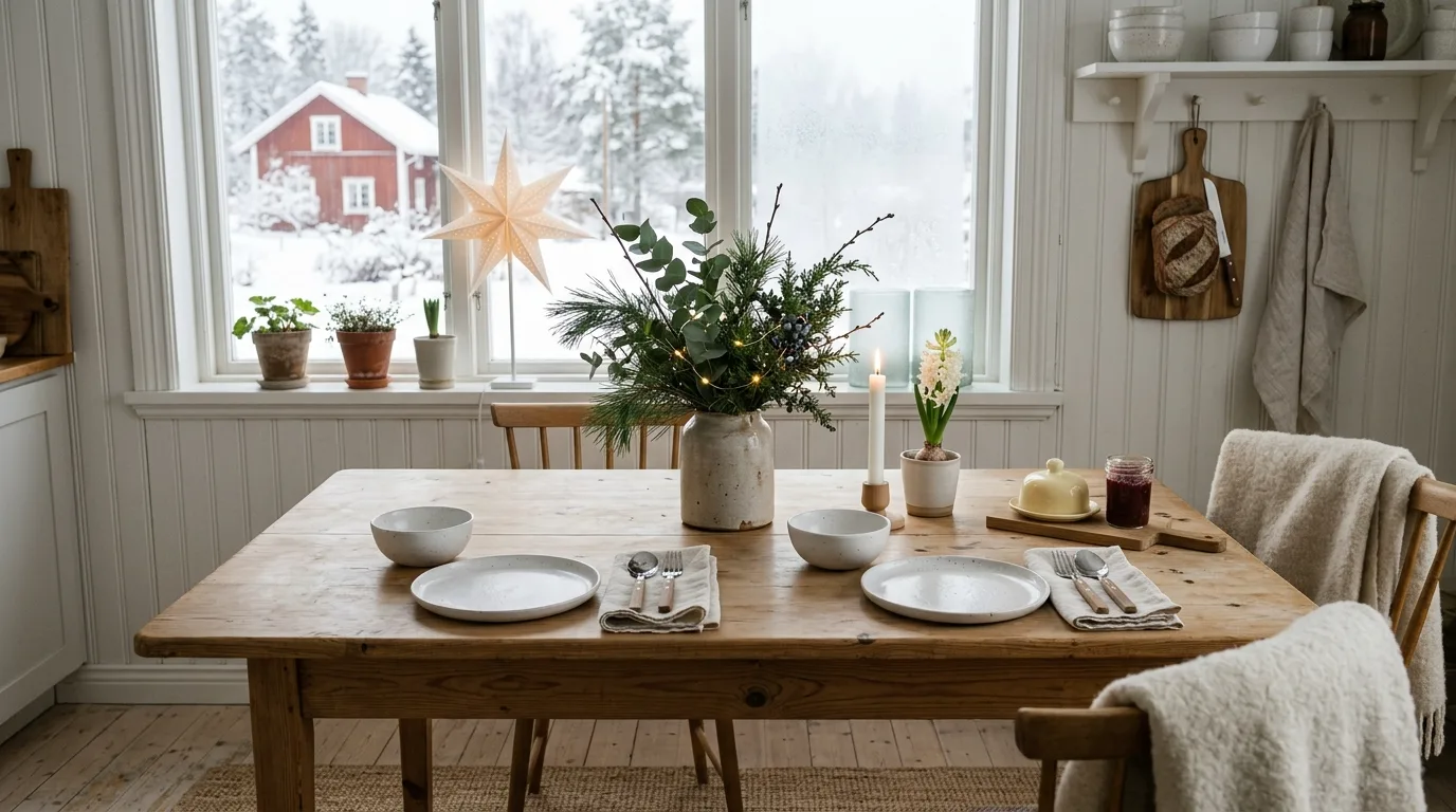Winter kitchen table with dark accents. Grounded seasonal table design balancing lighter textures.