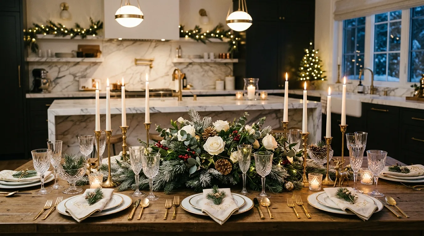 Calm winter color palette on kitchen table. Quiet seasonal colors creating a restful dining arrangement.