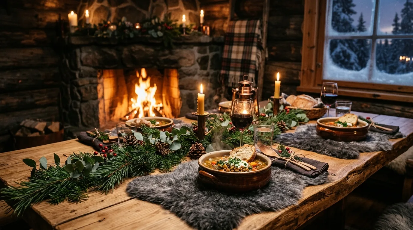 Winter table decor coordinated with kitchen. Seasonal dining setup tied naturally to the surrounding cookspace.